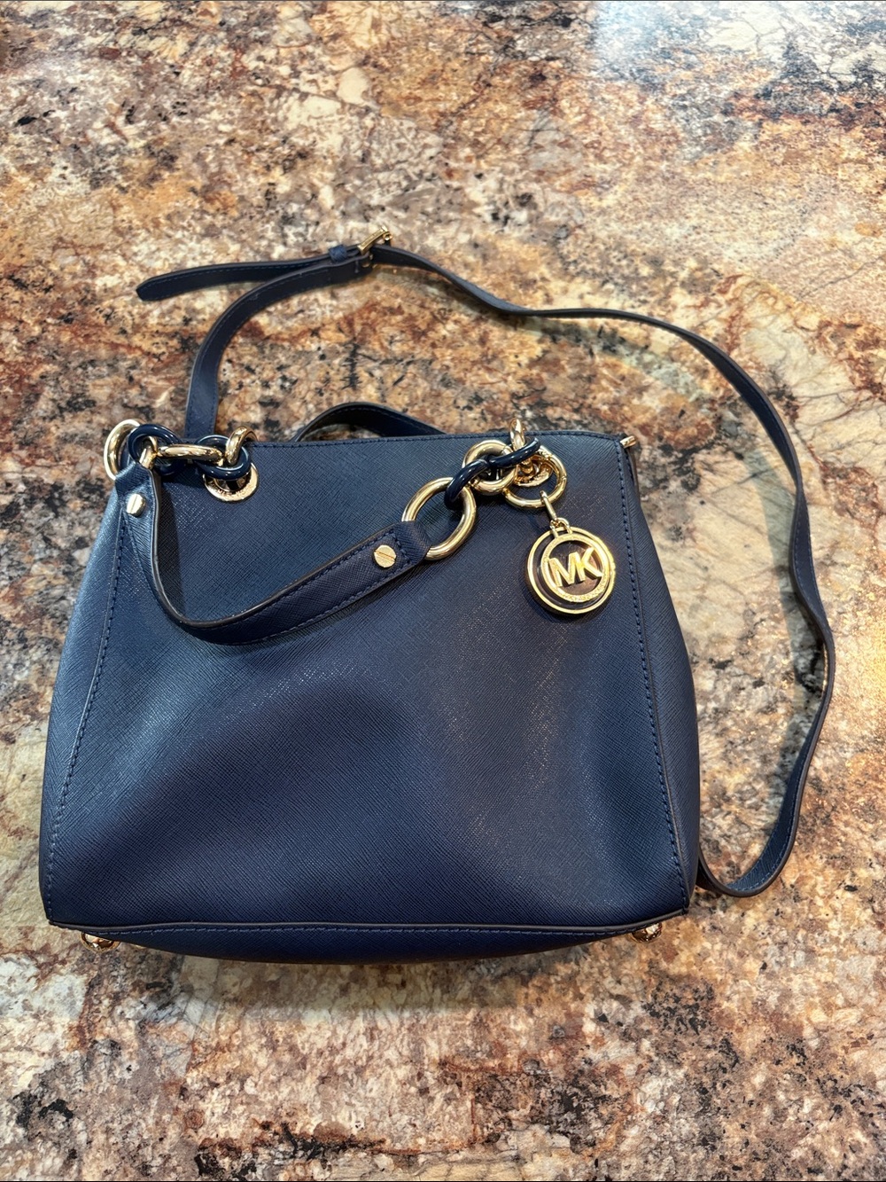 Navy Blue Cynthia Saffiano Leather Satchel with Gold Hardware